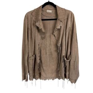 Kerry Grima Suede Leather Handmade Perforated Open Front Jacket Brown Size Small
